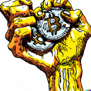 someone clenching a fistful of bitcoin in the style of ralph steadman