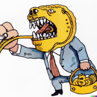 a greedy politician grabbing a fistful of bitcoin in the style of ralph steadman