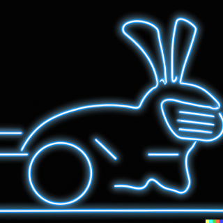 rabbit made of neon racing a light cycle from tron