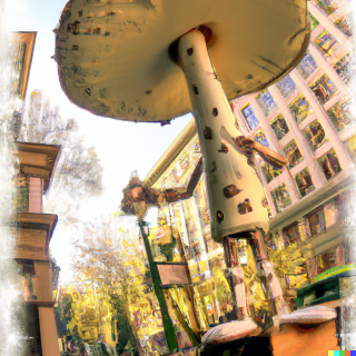 a twenty foot tall mushroom seller in downtown portland oregon in the style of ralph steadman