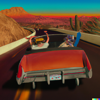 hunter thompson and doctor gonzo entering las vegas in a convertible cadillac as a ray tracing